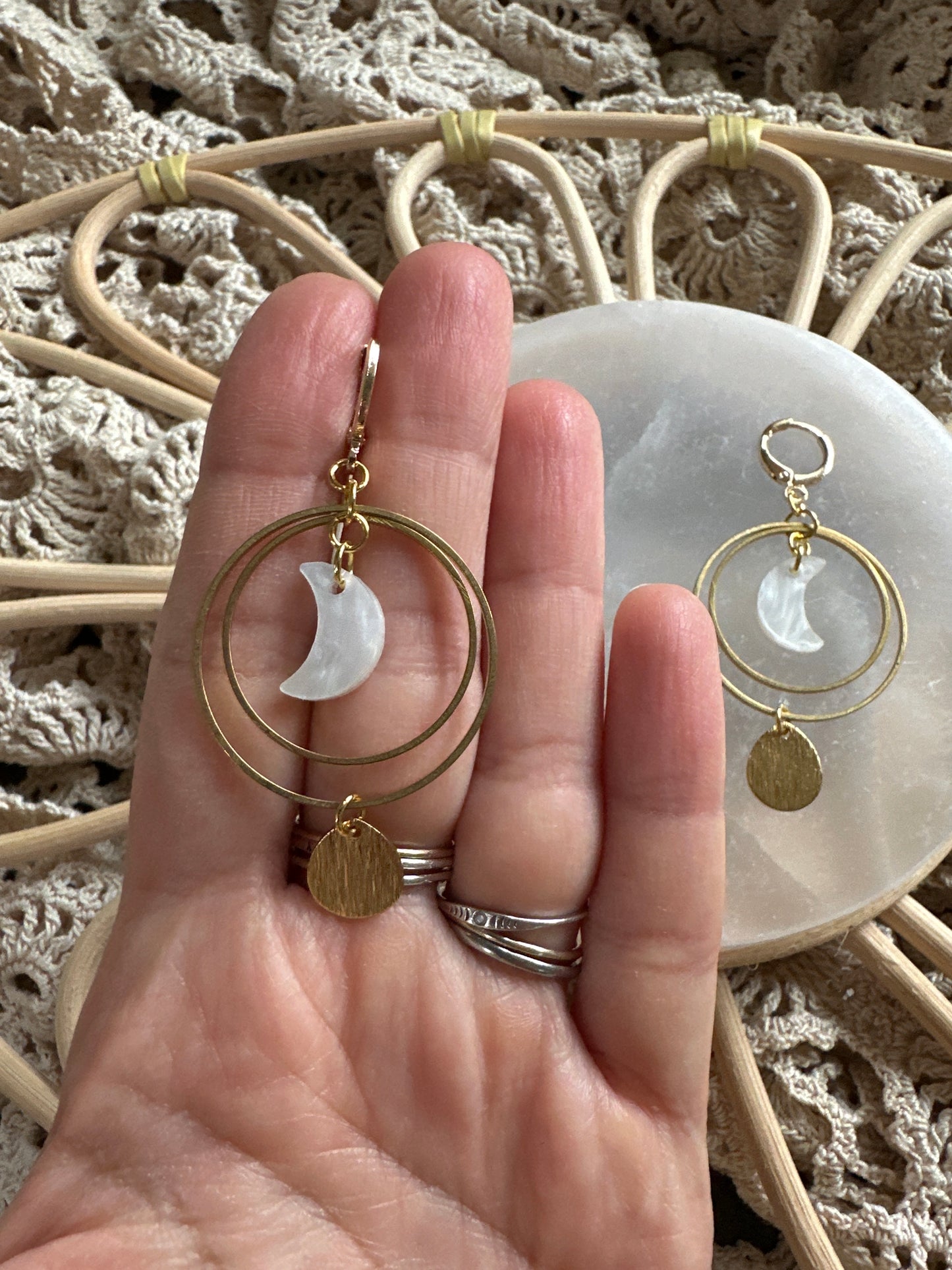 Moon and brass lever back dangles