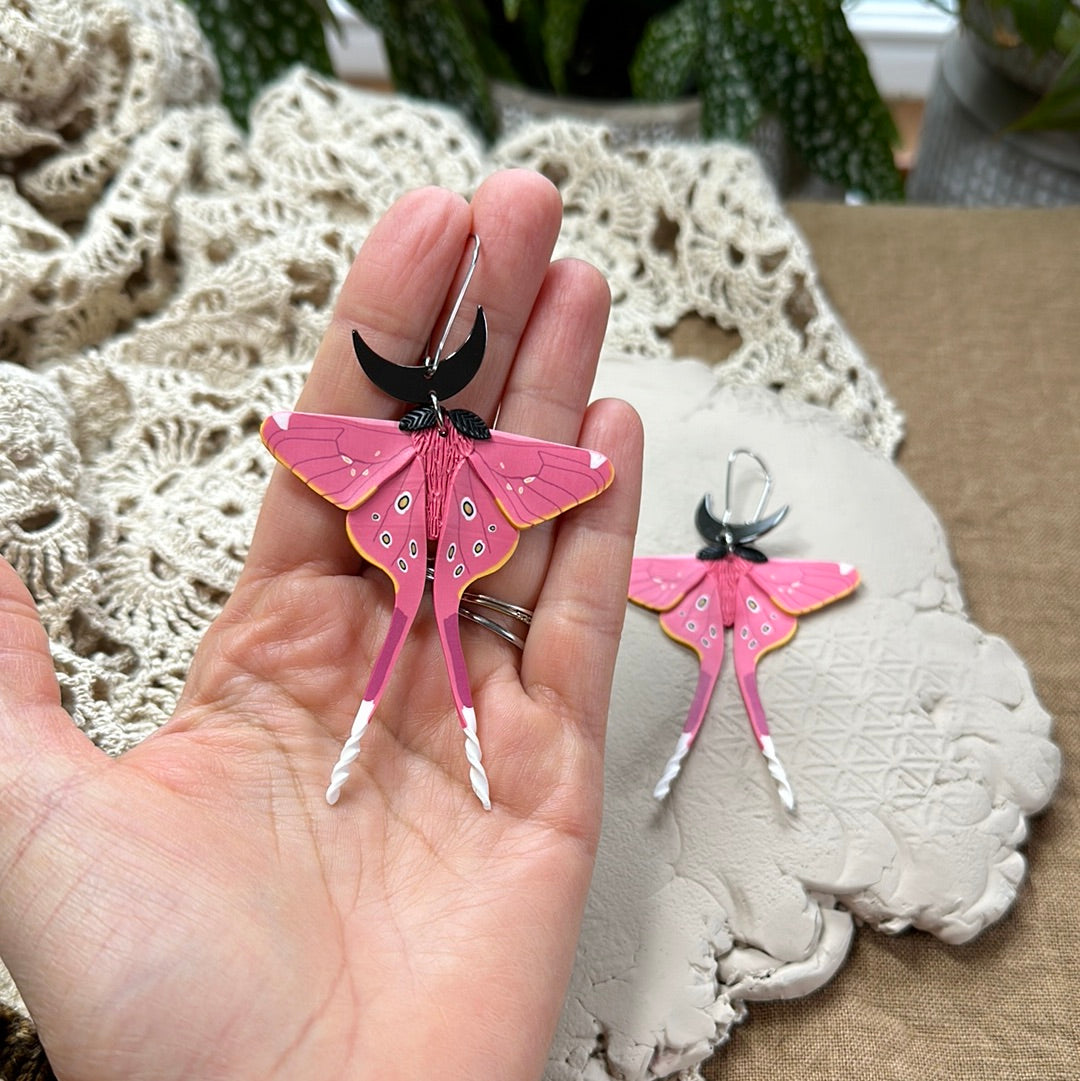 Silver- Large pink silk Moth earrings