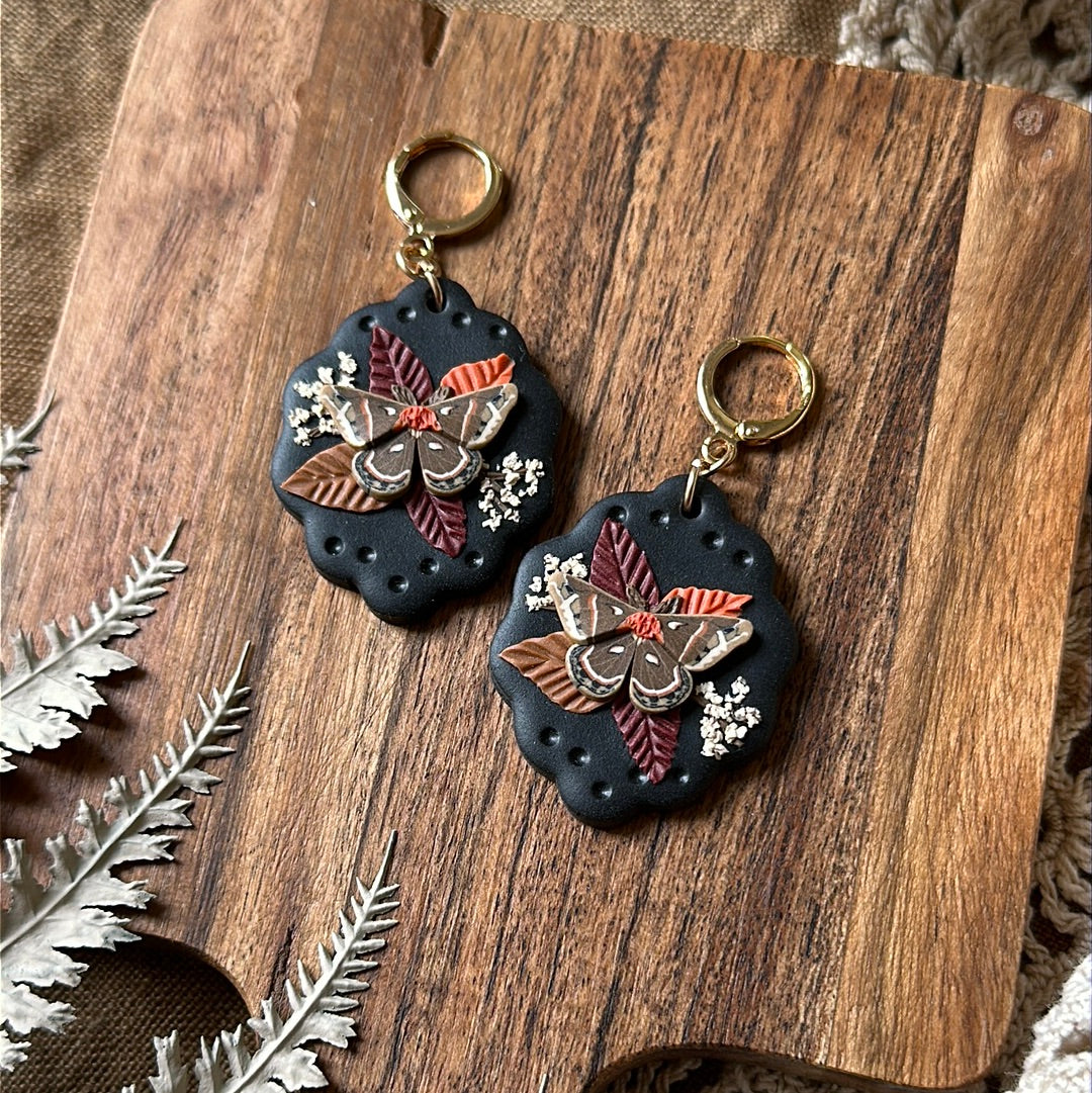 Floral cecropia moth scallop framed earrings