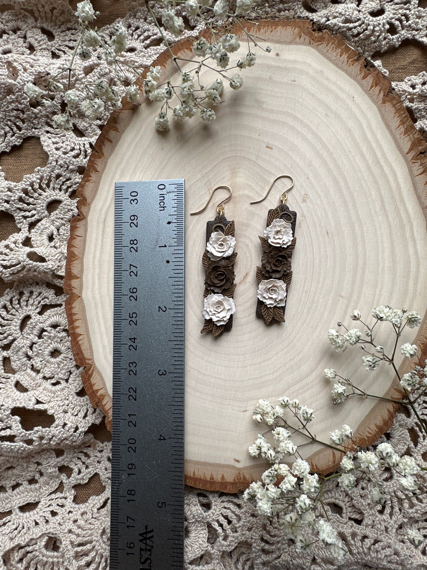 Brown floral bar dangles