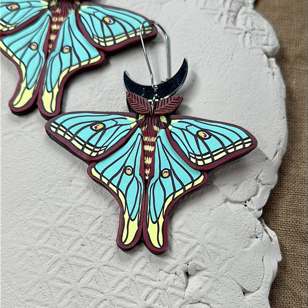 Silver- Large Spanish Moon Moth hoop earrings