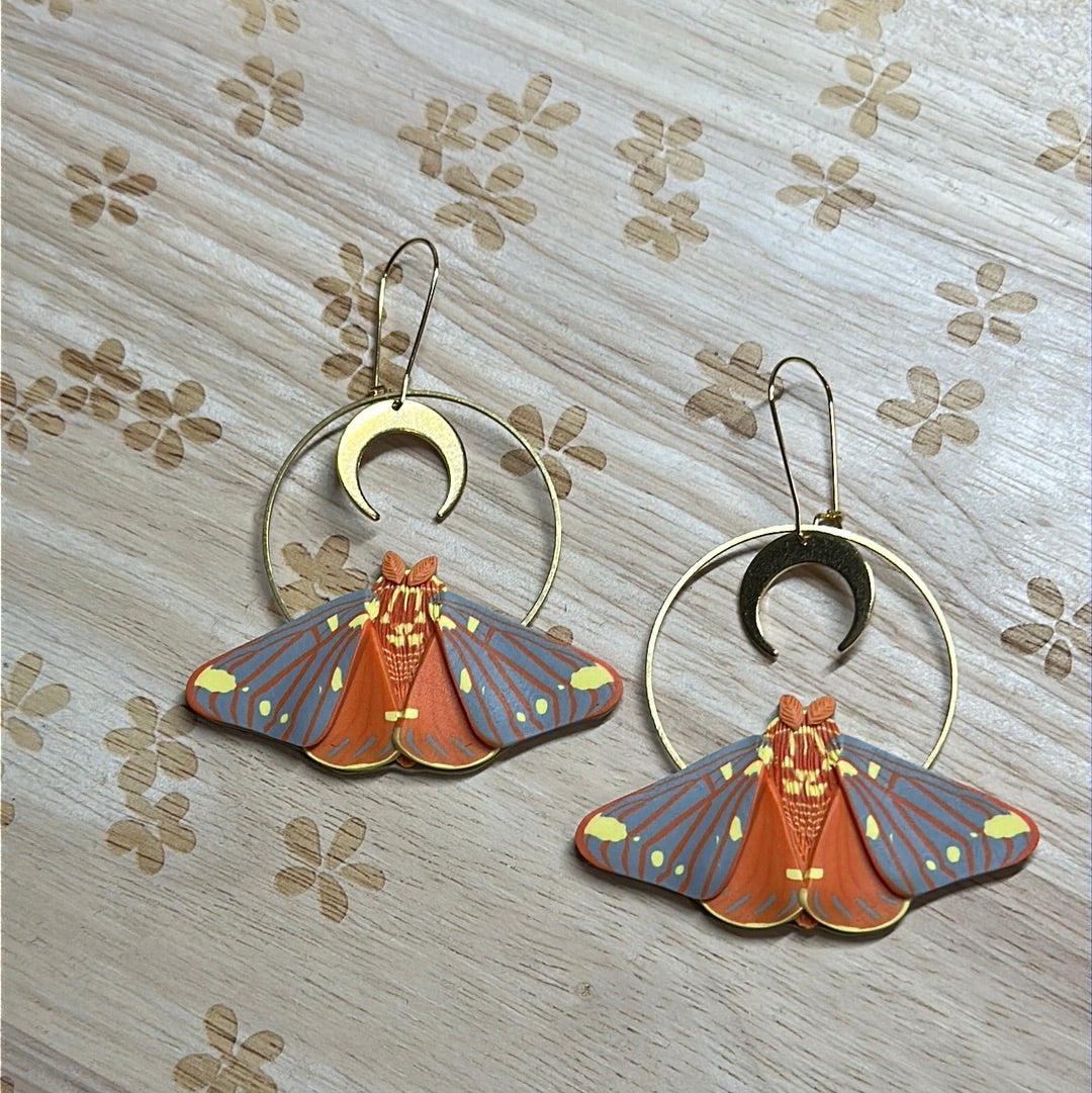 Large regal moth and moon earrings