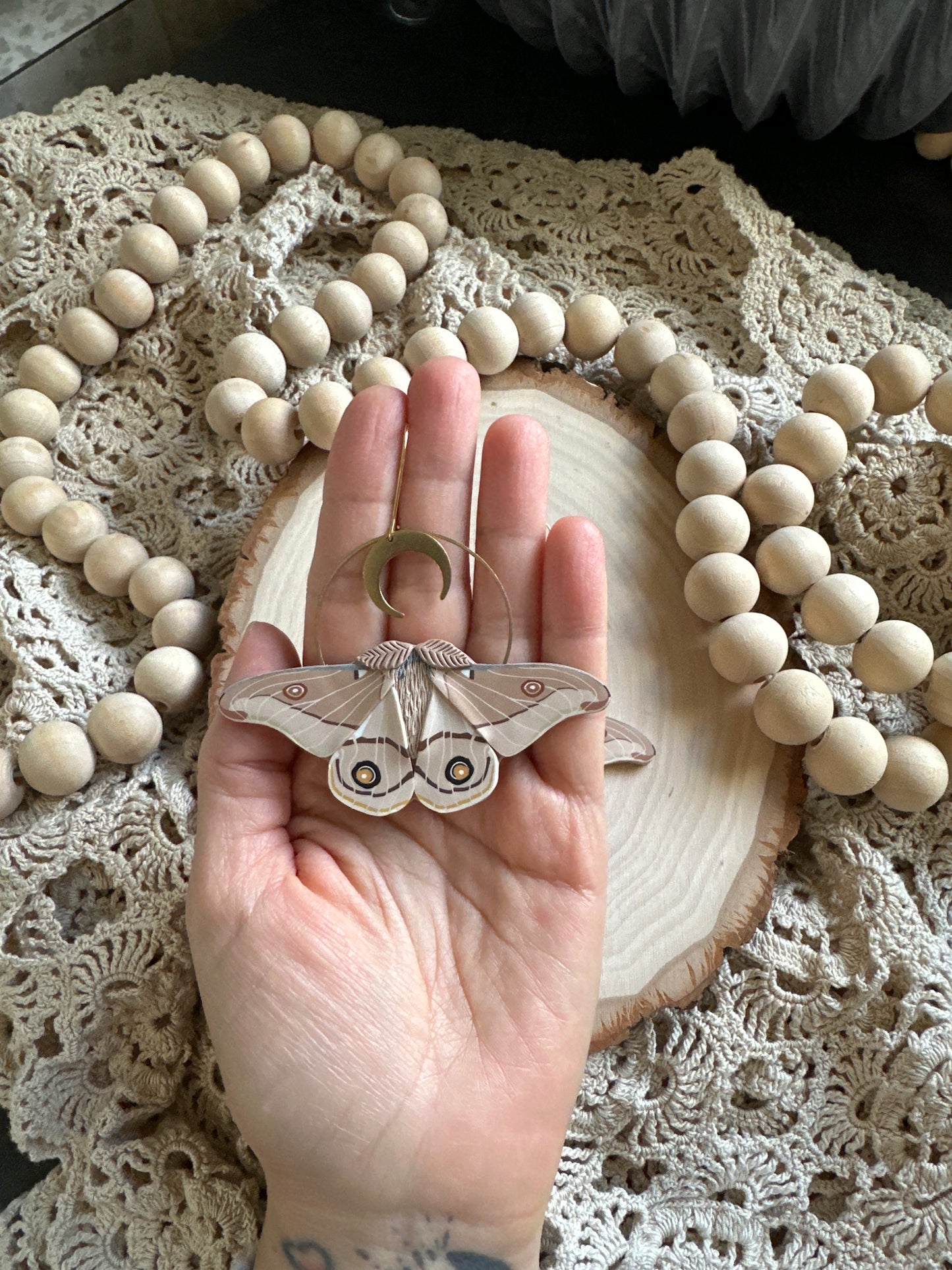 Emporer Gum Moth crescent moon hoop earrings