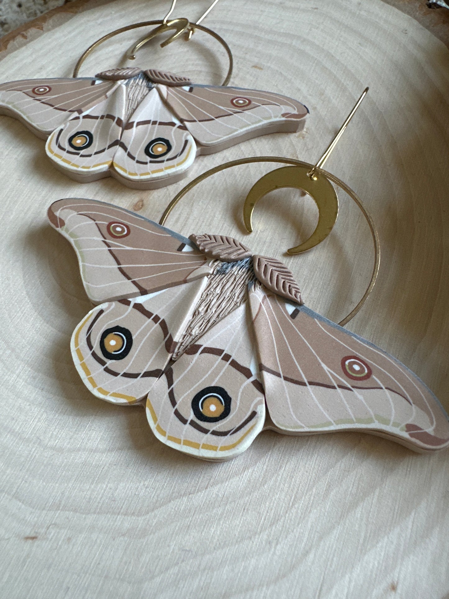 Emporer Gum Moth crescent moon hoop earrings