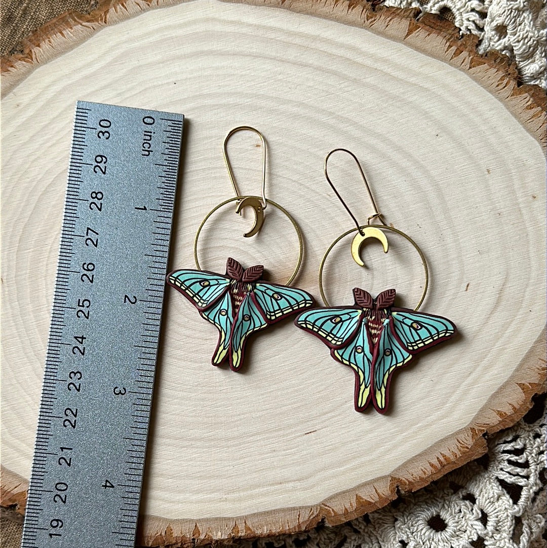 Small Spanish Moon Moth hoop earrings with moon charm