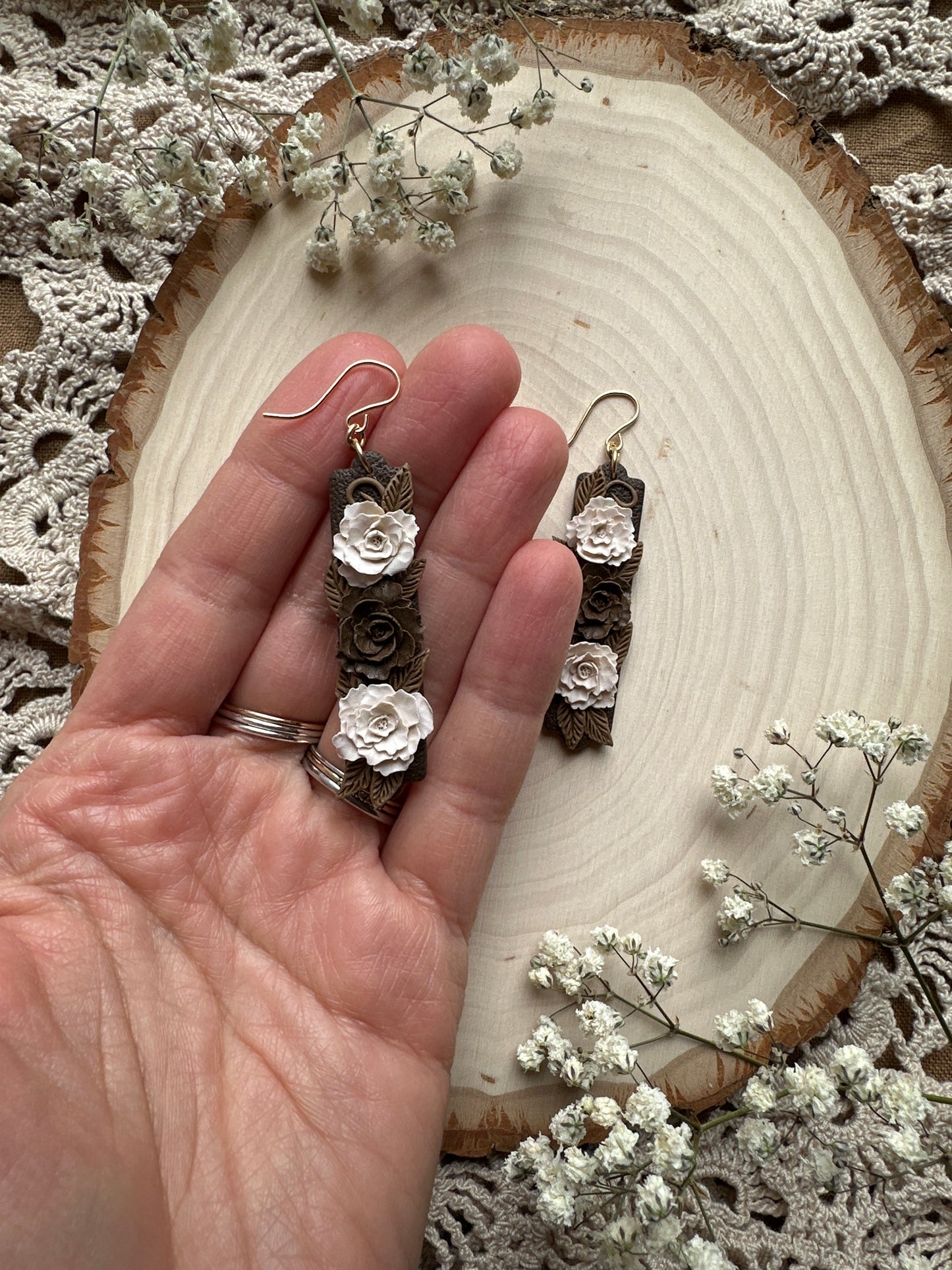 Brown floral bar dangles