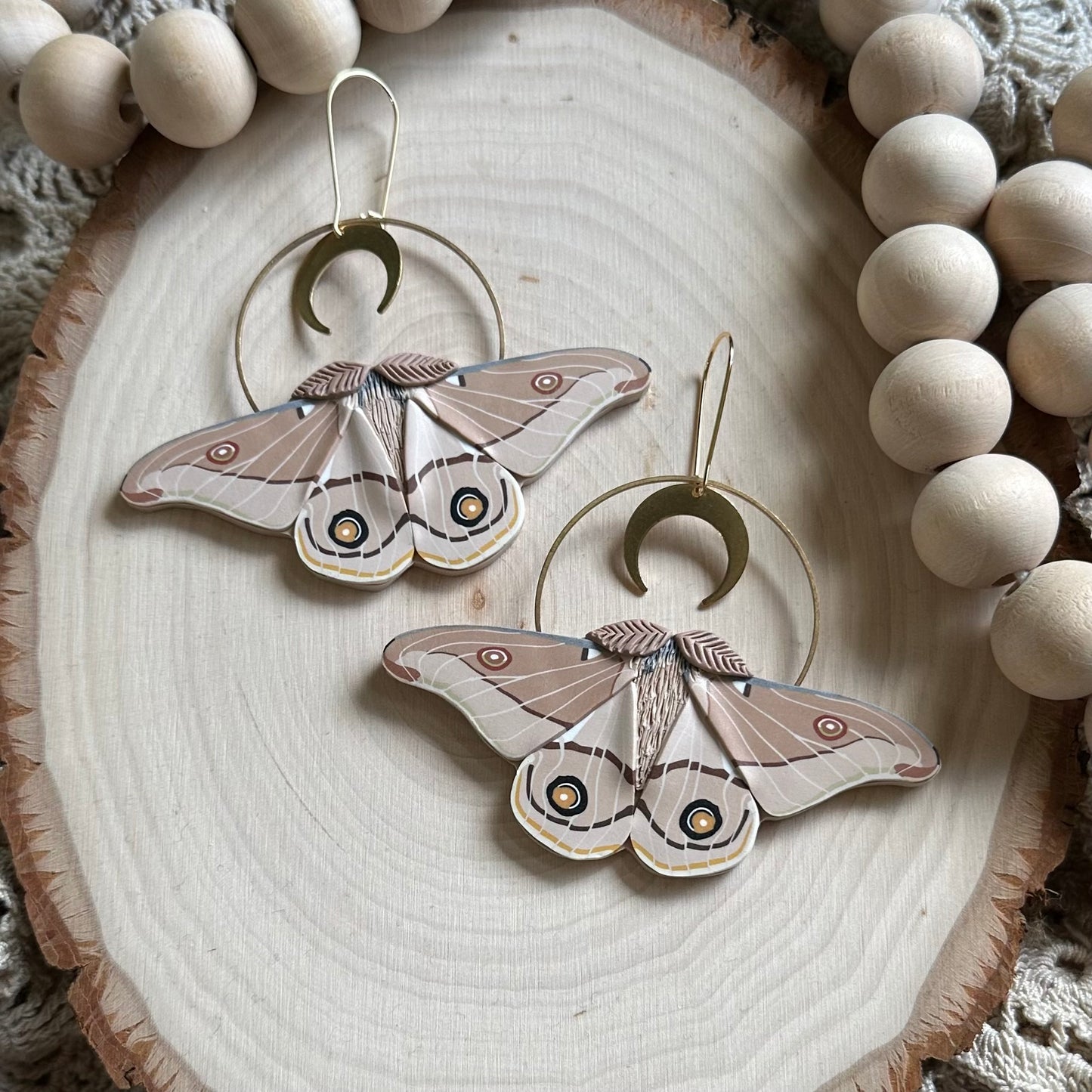 Emporer Gum Moth crescent moon hoop earrings