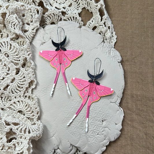 Silver- Large pink silk Moth earrings