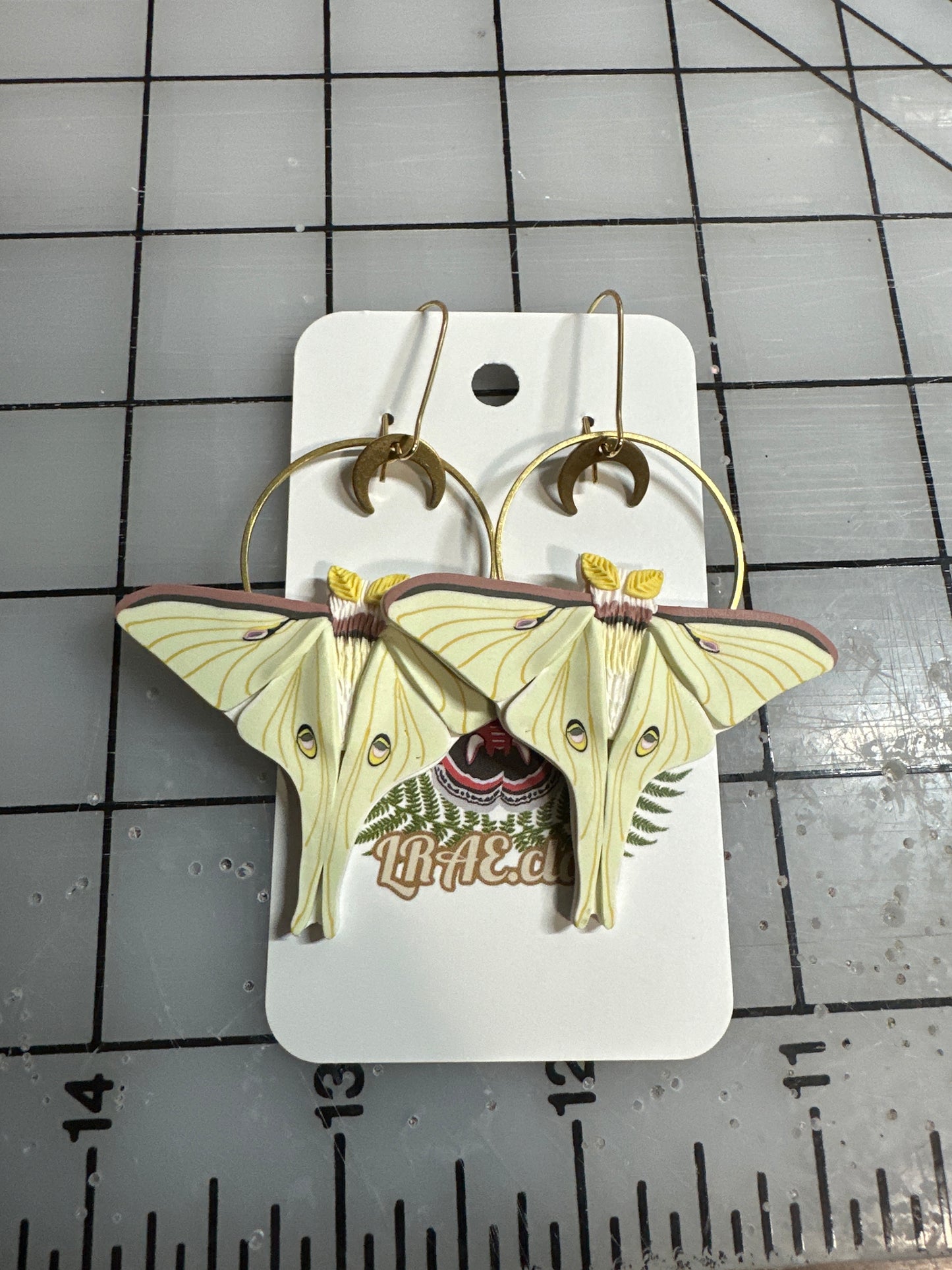 Small Luna Moth hoop earrings with moon charm