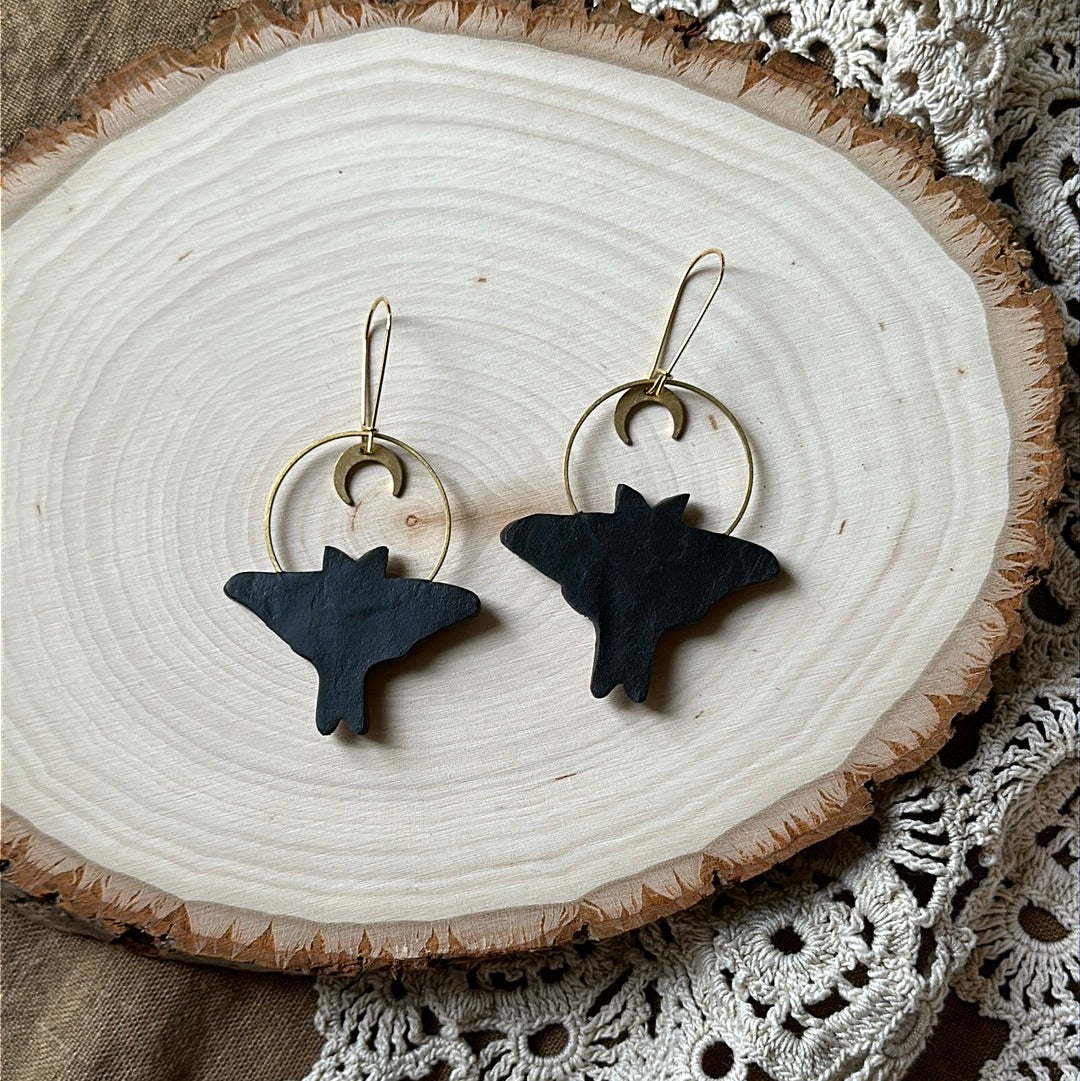Small Spanish Moon Moth hoop earrings with moon charm