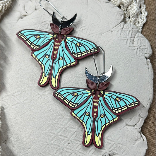 Silver- Large Spanish Moon Moth hoop earrings