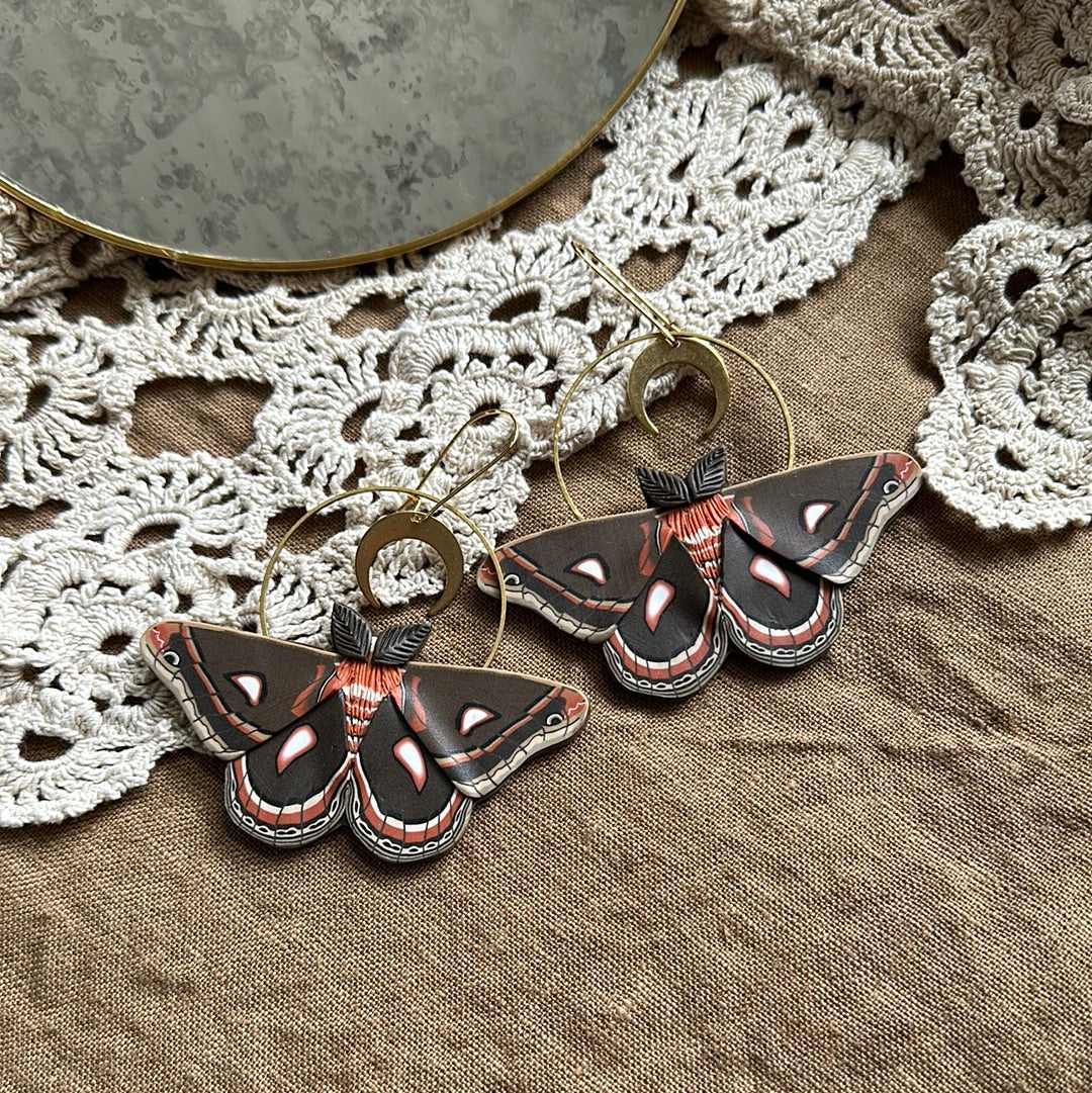 Cecropia Moth crescent moon hoop earrings