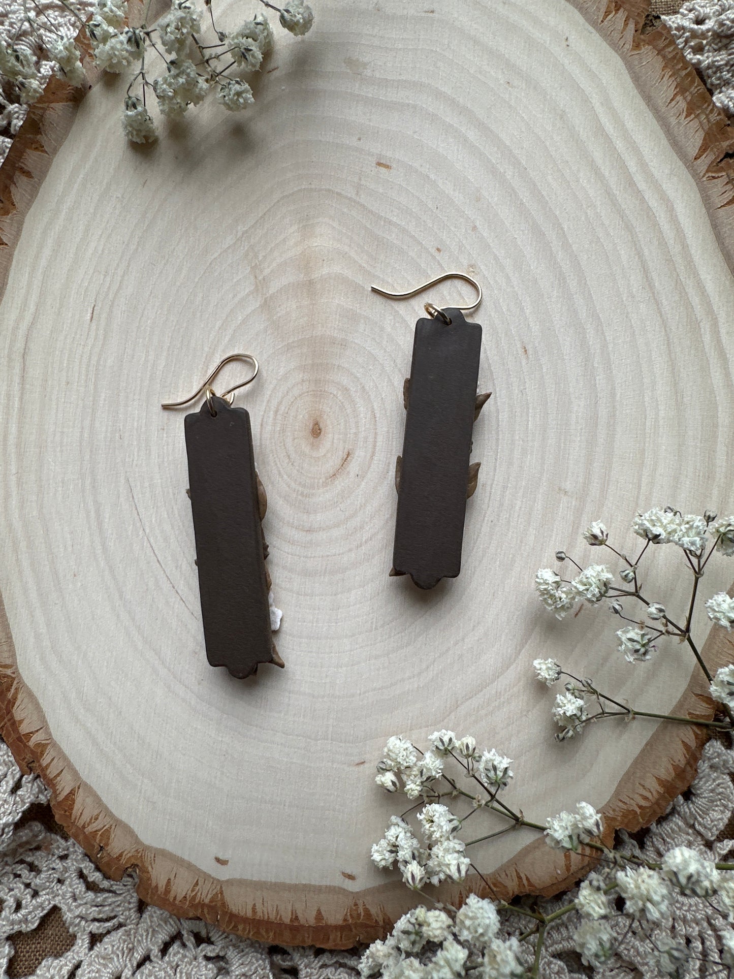 Brown floral bar dangles