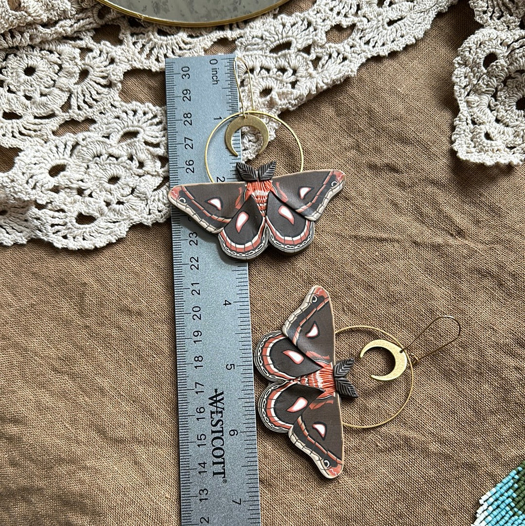 Cecropia Moth crescent moon hoop earrings