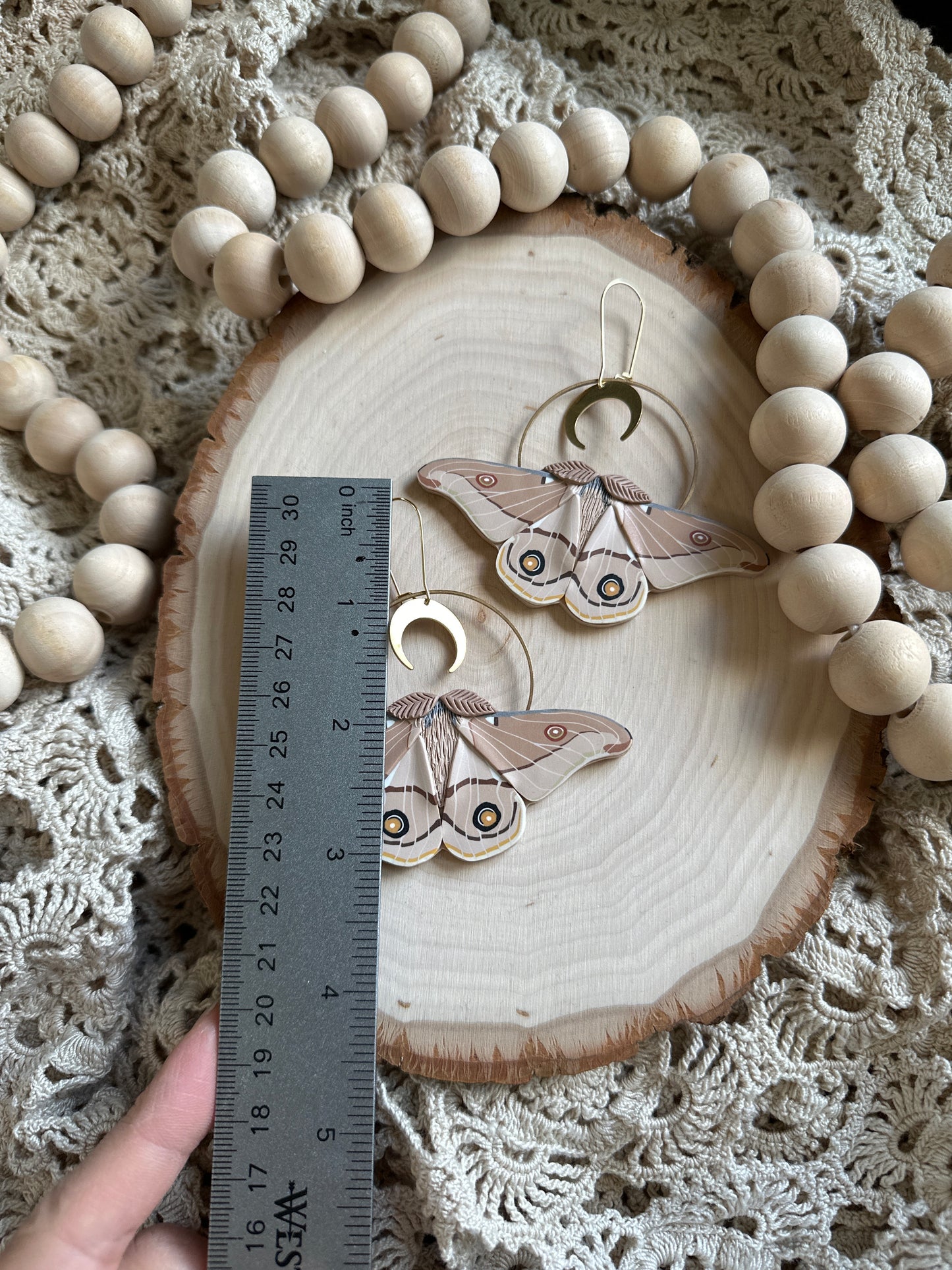 Emporer Gum Moth crescent moon hoop earrings