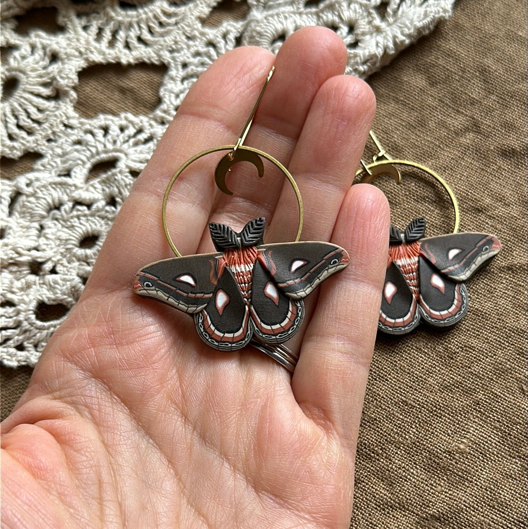 Small Cecropia Moth crescent moon hoop earrings