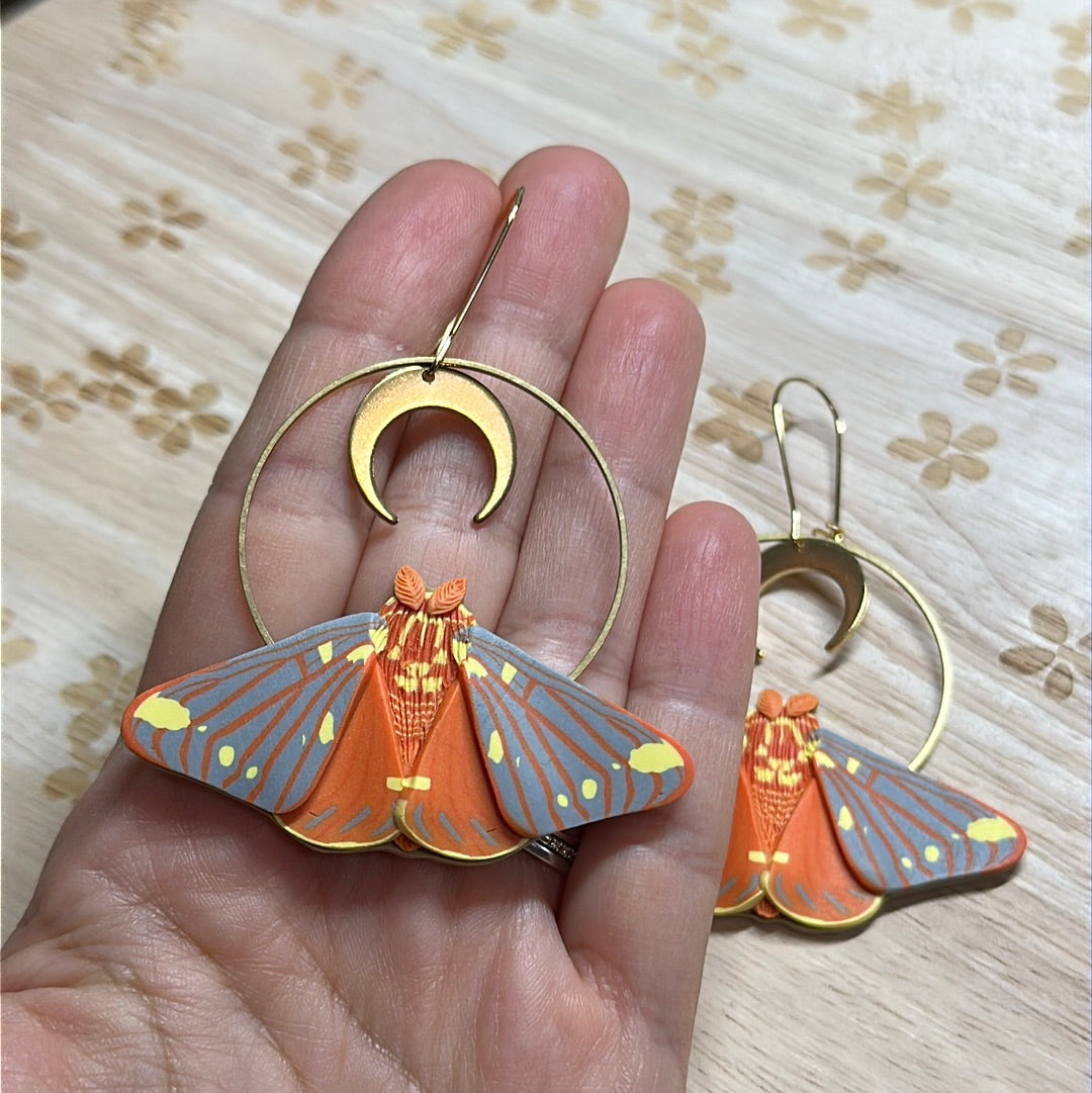Large regal moth and moon earrings