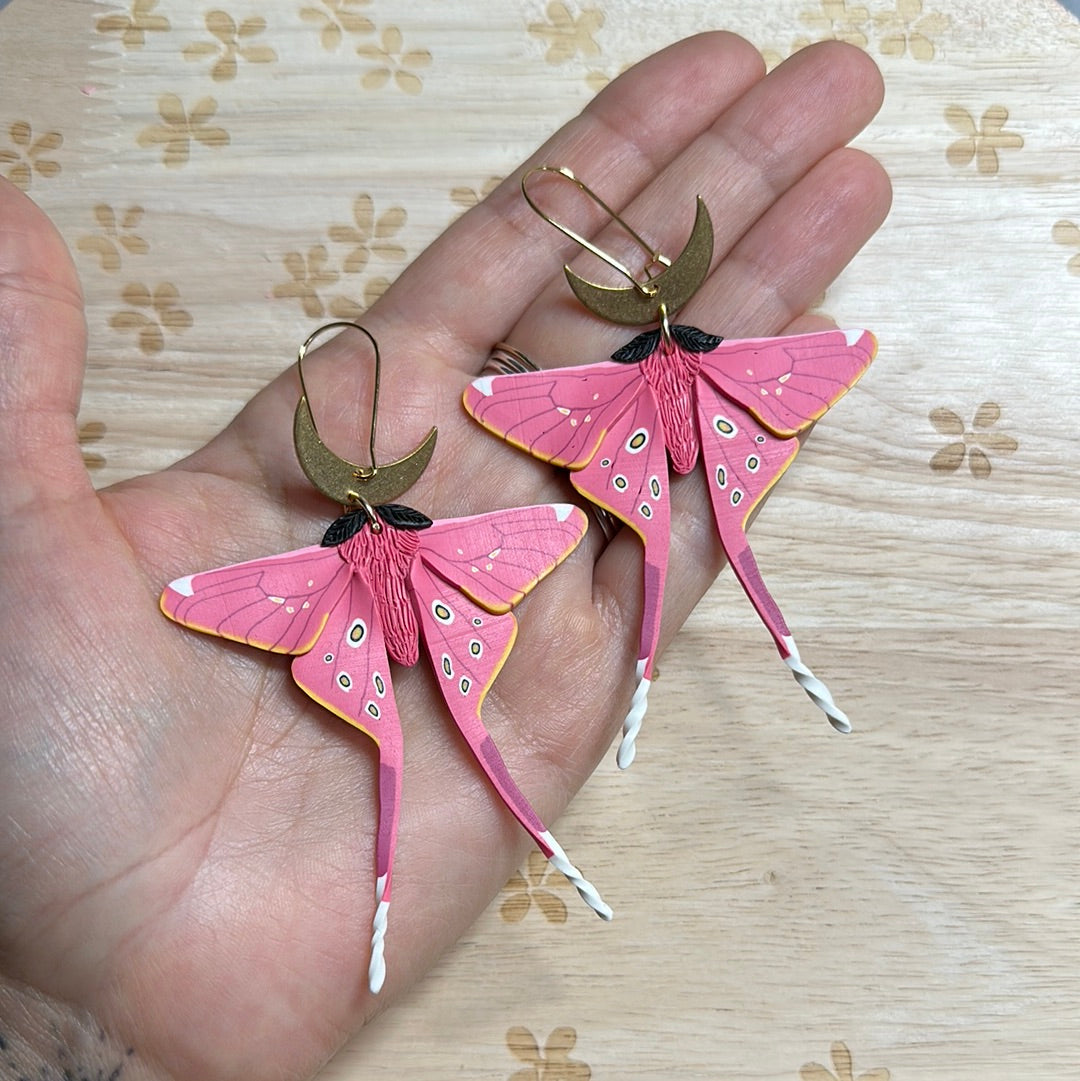 Pink silk Moth large earrings -made to order