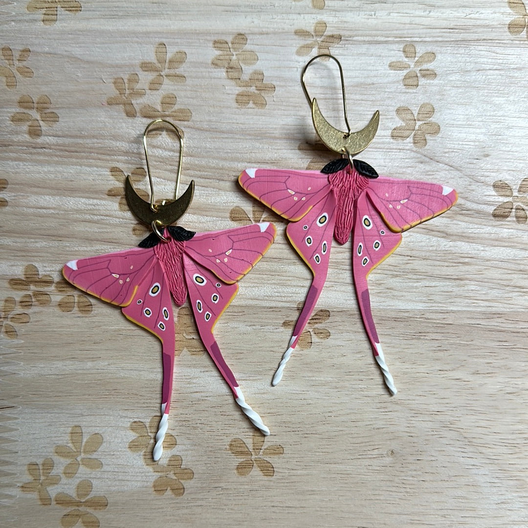 Pink silk Moth large earrings -made to order