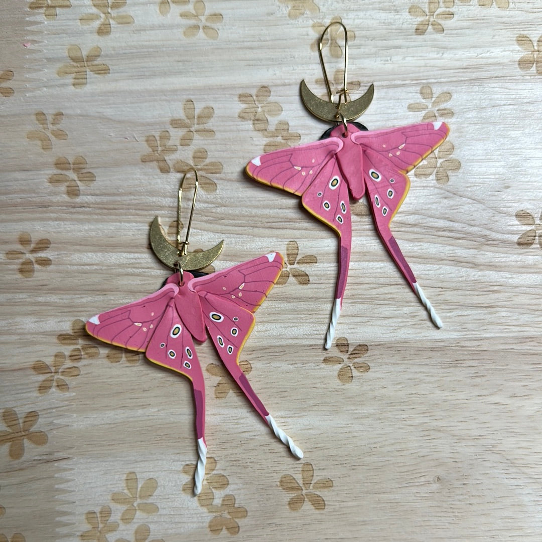 Pink silk Moth large earrings -made to order