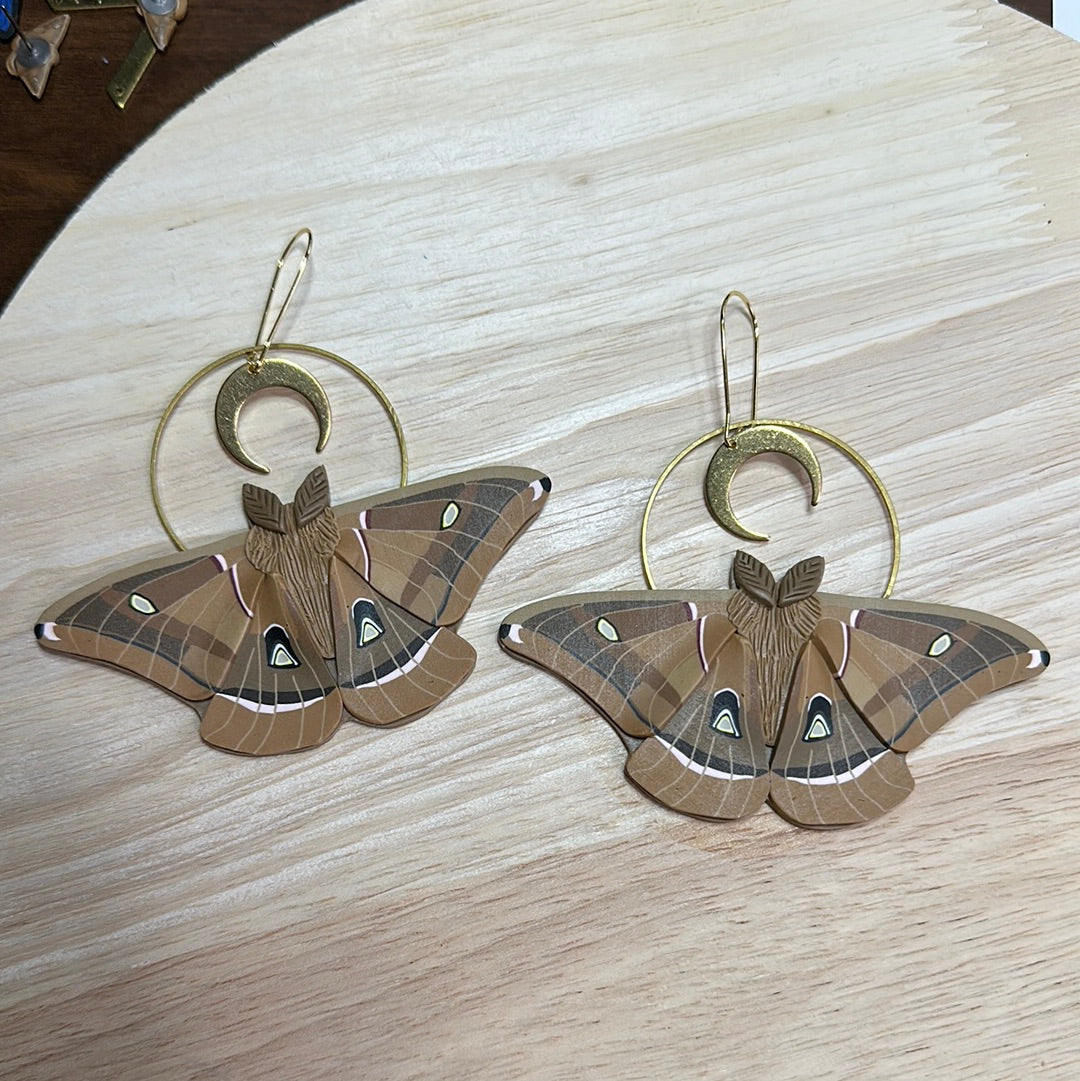 Polyphemus Moth crescent moon hoop earrings