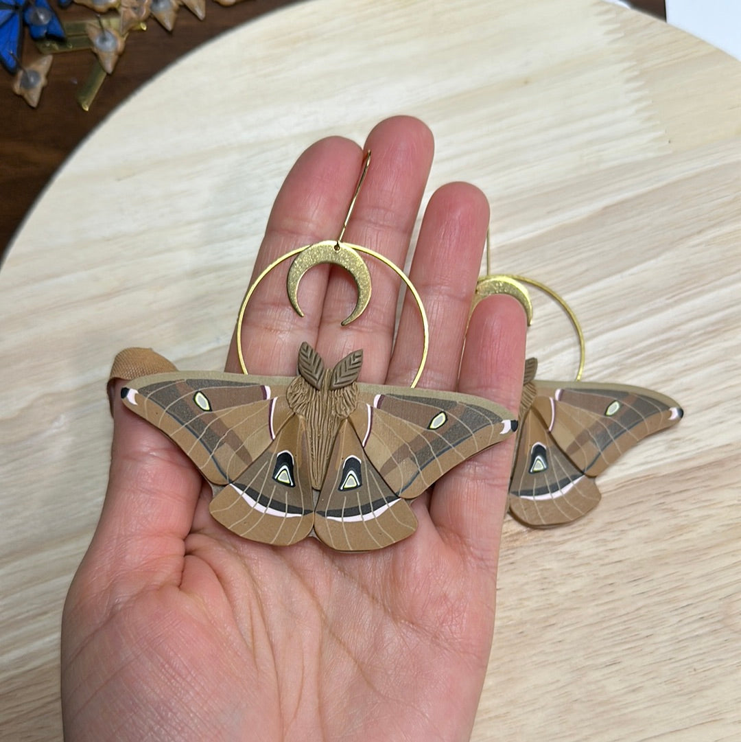 Polyphemus Moth crescent moon hoop earrings
