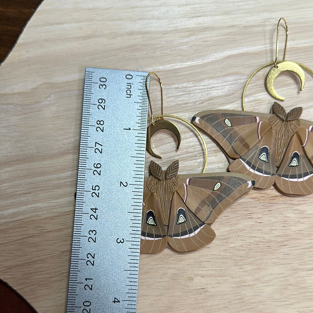 Polyphemus Moth crescent moon hoop earrings