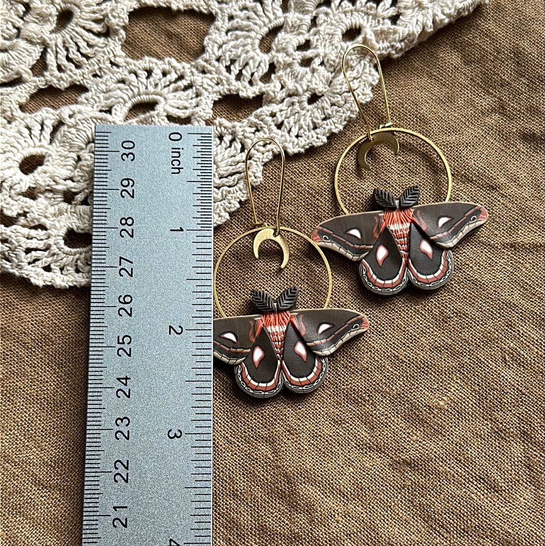 Small Cecropia Moth crescent moon hoop earrings