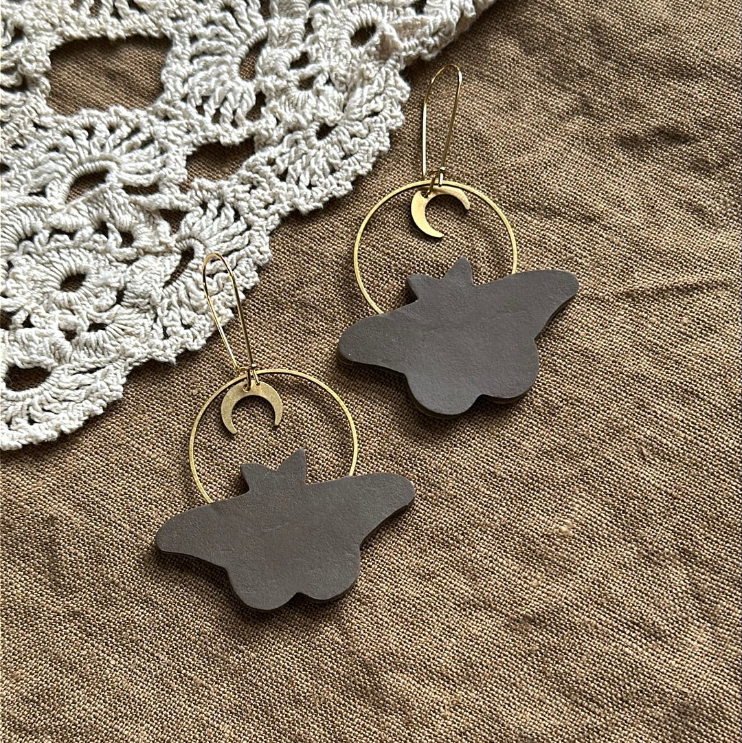 Small Cecropia Moth crescent moon hoop earrings