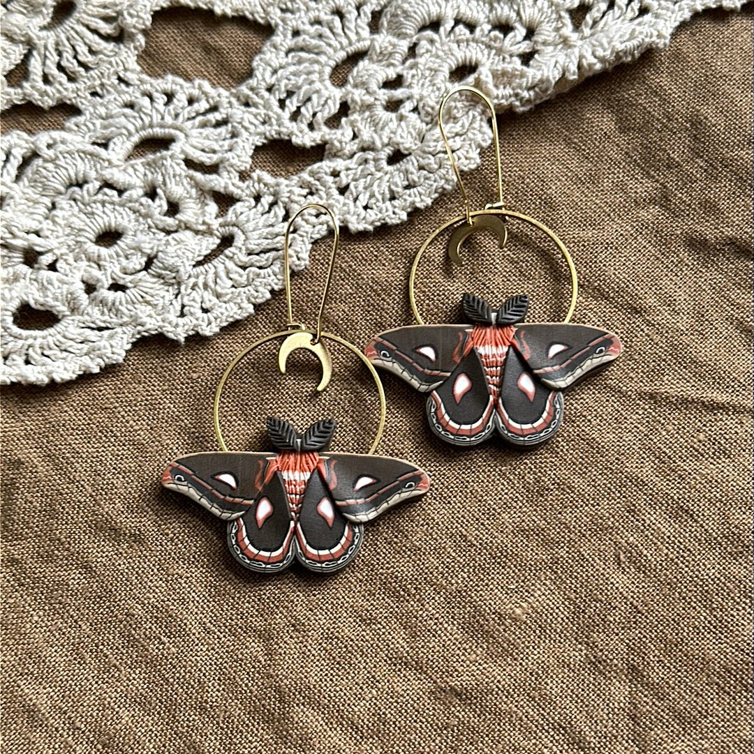 Small Cecropia Moth crescent moon hoop earrings
