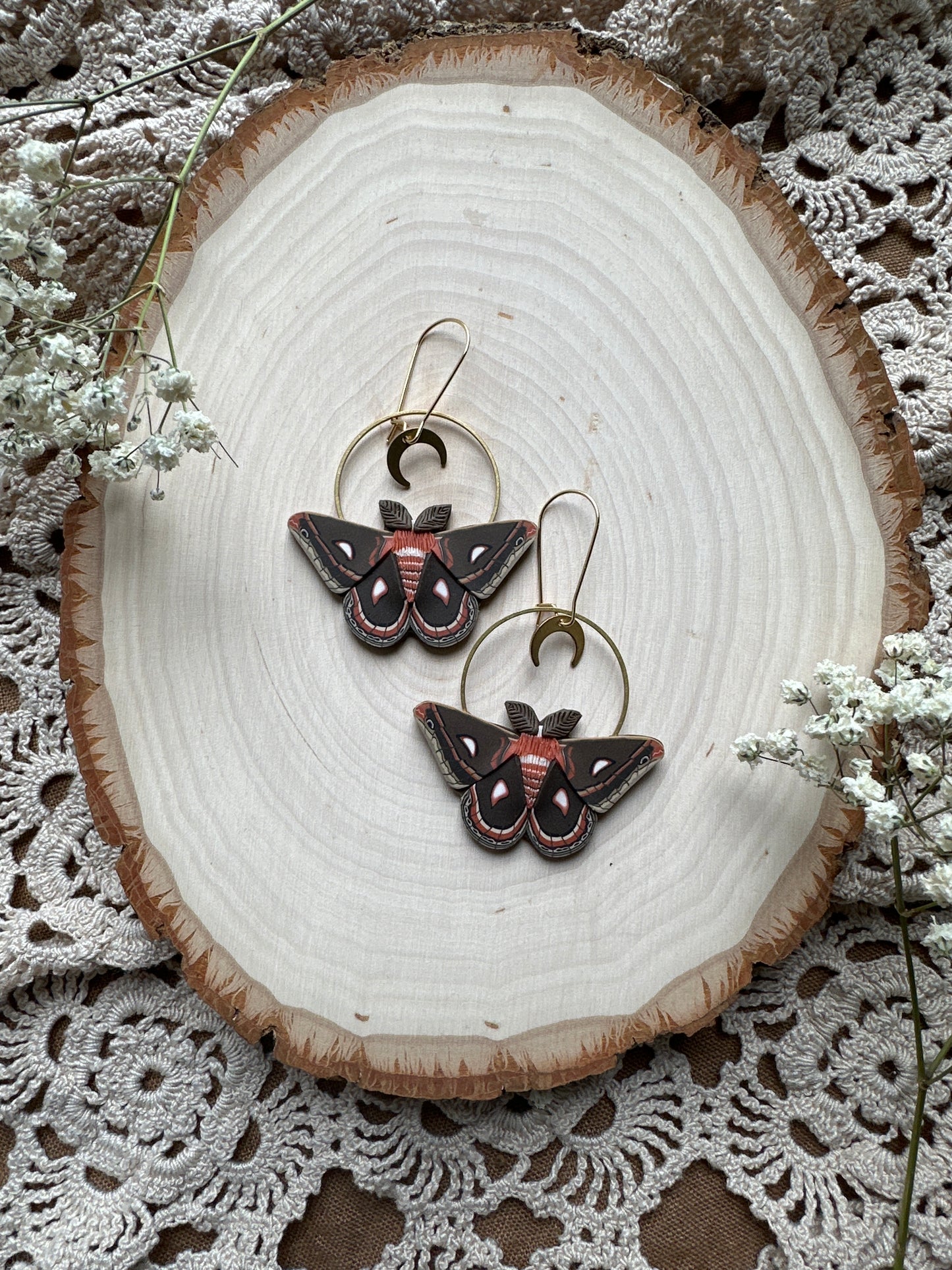 Mini Cecropia Moth crescent moon hoop earrings