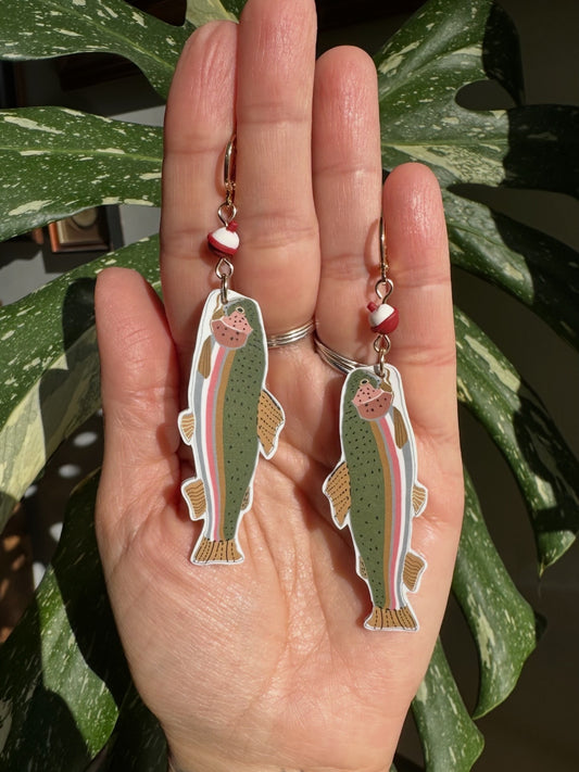 Rainbow trout and bobber earrings