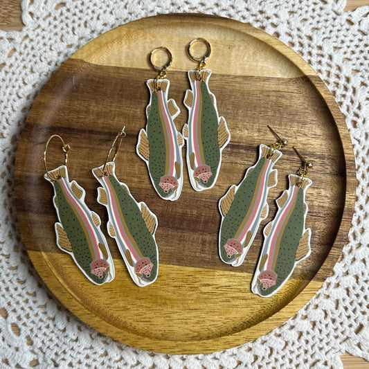 Wooden tray with fish-shaped earrings on a doily