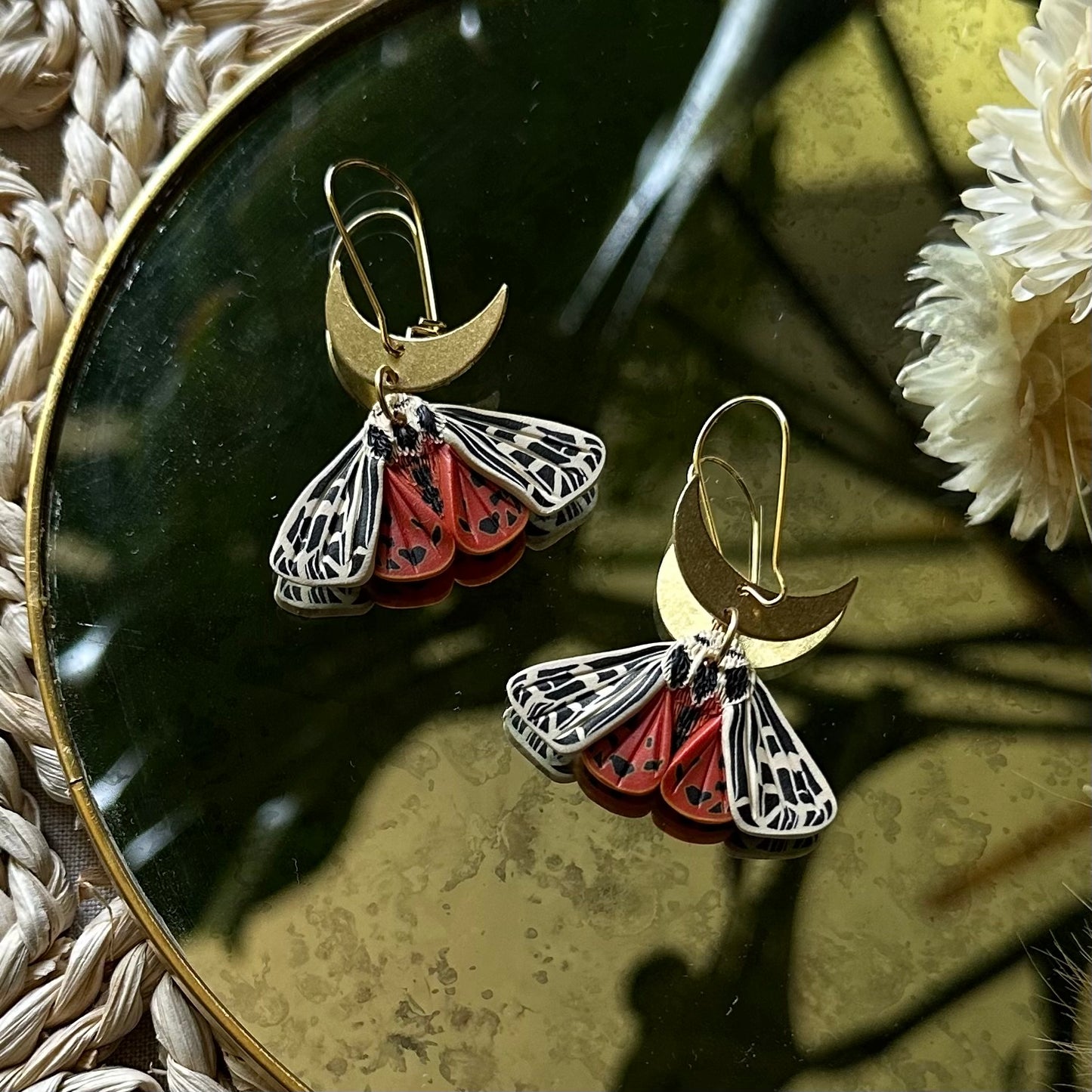 Small Ornate Tiger Moth crescent moon earrings