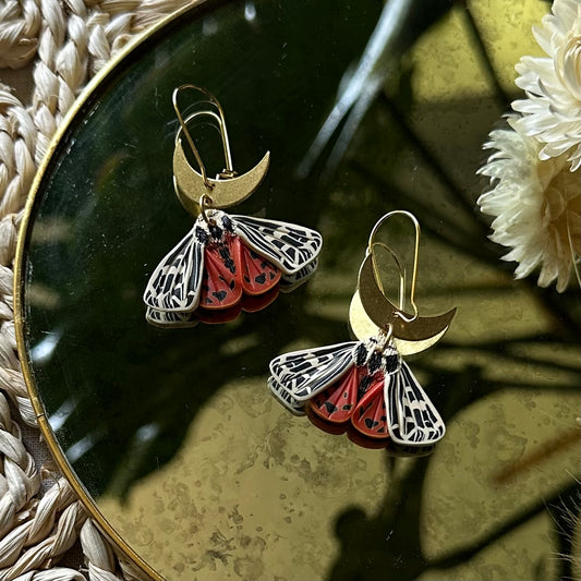 Small Ornate Tiger Moth crescent moon earrings