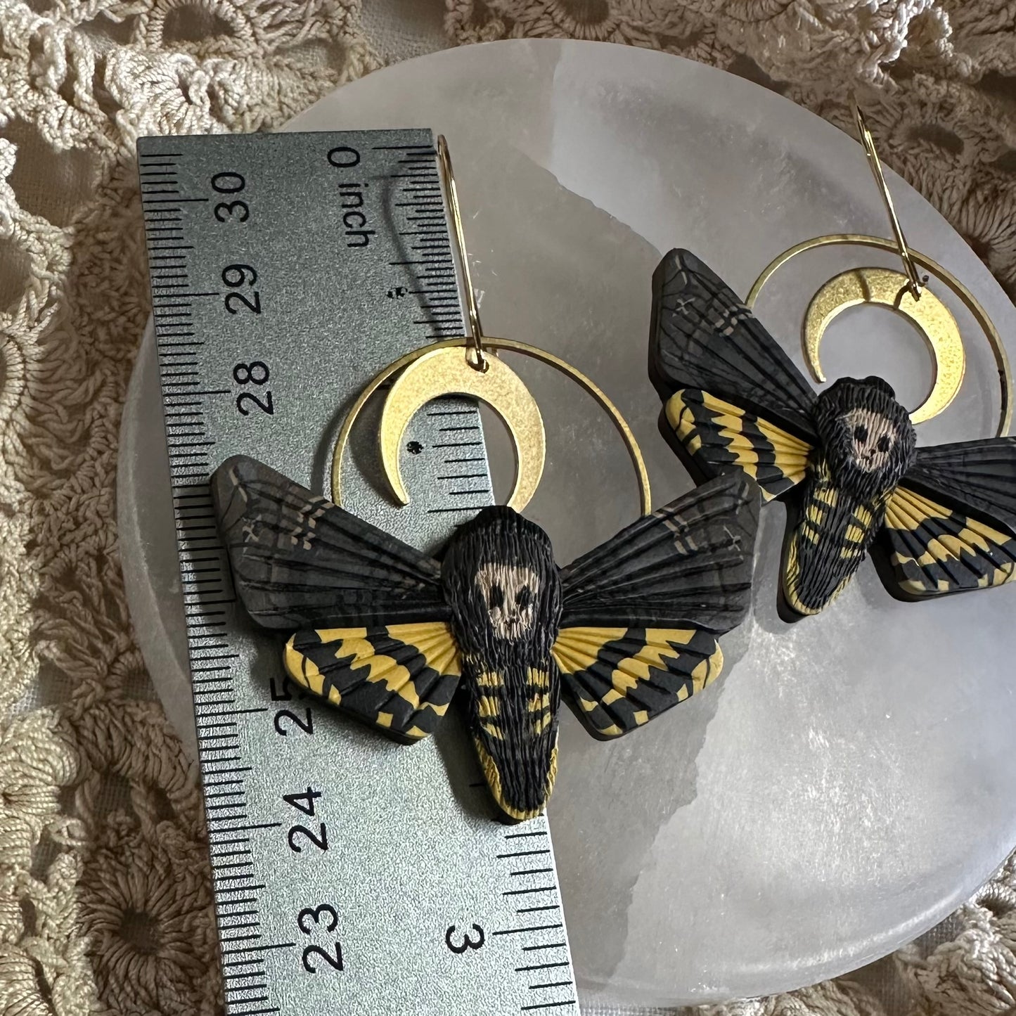 Small Deaths head hawk Moth crescent moon hoop earrings