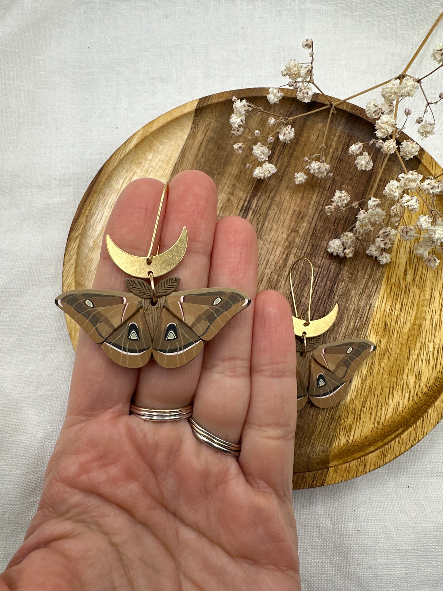 Small Polyphemus Moth crescent moon earrings