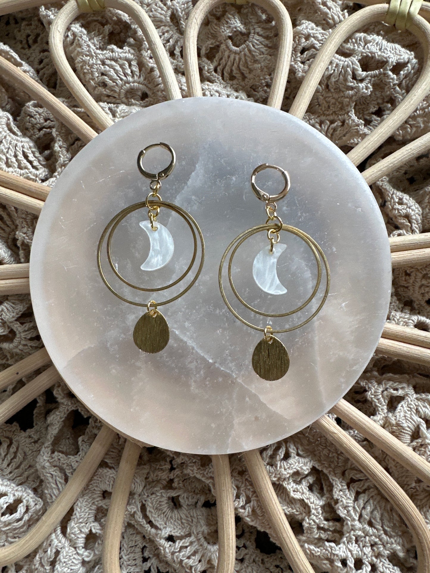 Moon and brass lever back dangles