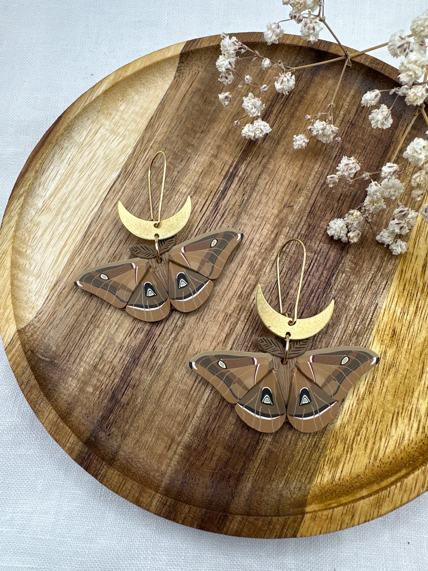 Small Polyphemus Moth crescent moon earrings