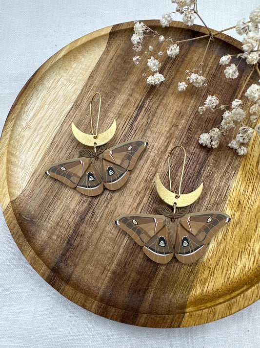 Small Polyphemus Moth crescent moon earrings