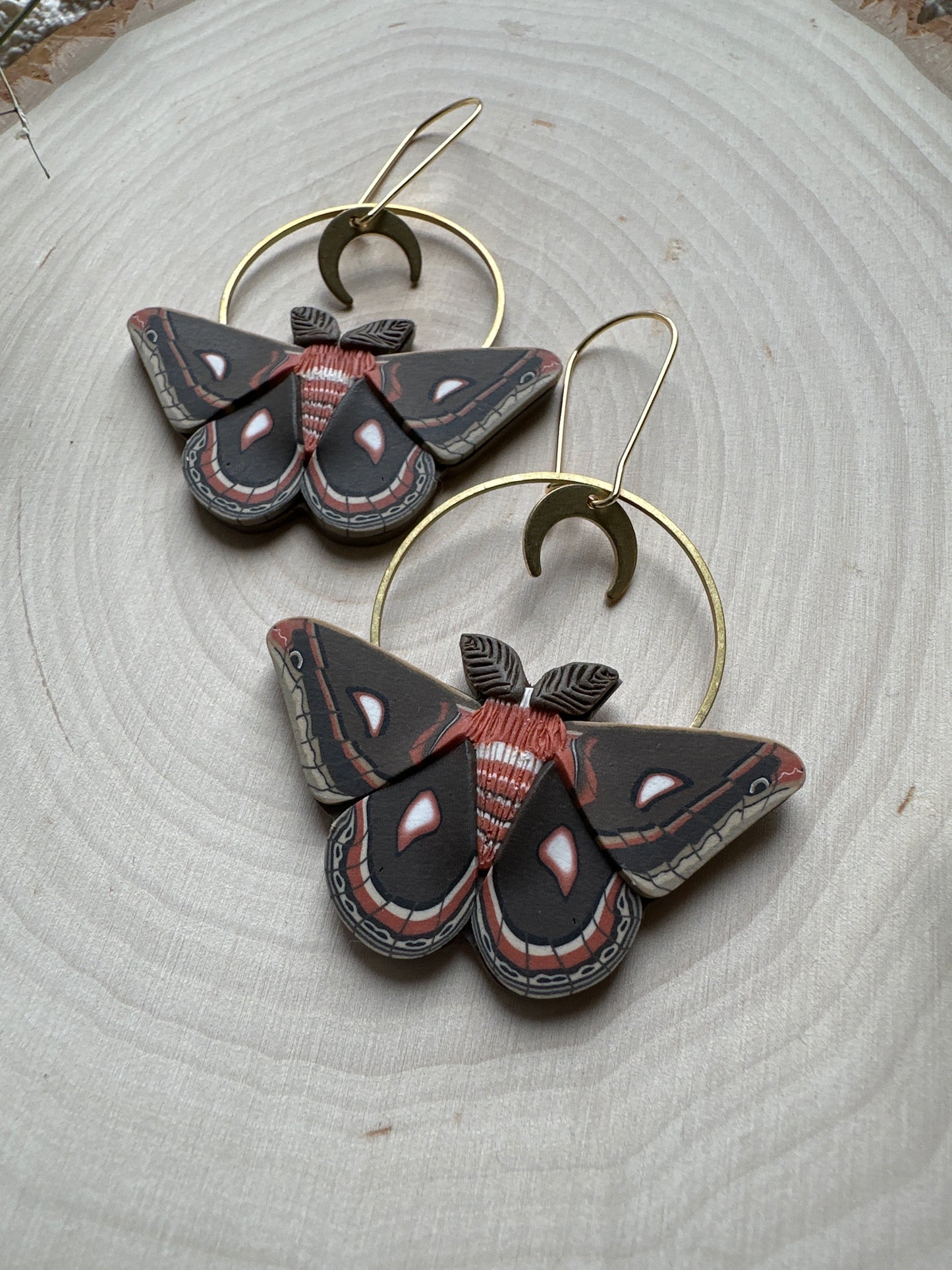 Mini Cecropia Moth crescent moon hoop earrings