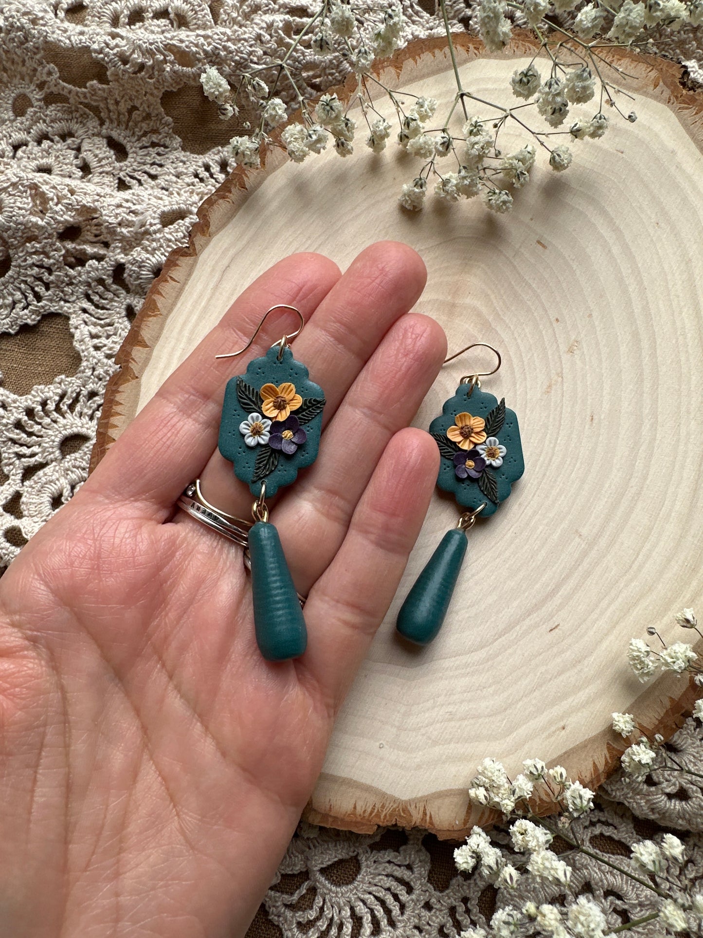 Teal floral dangles