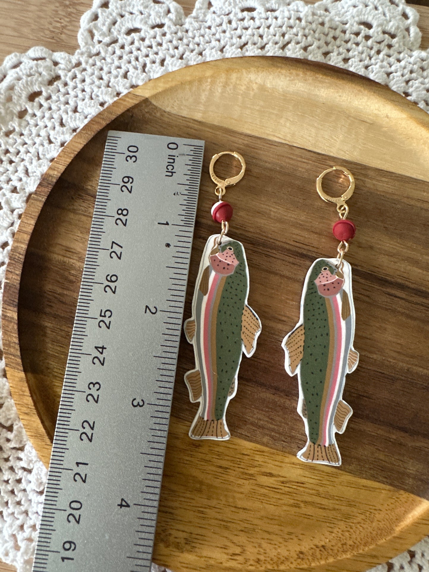Rainbow trout and bobber earrings