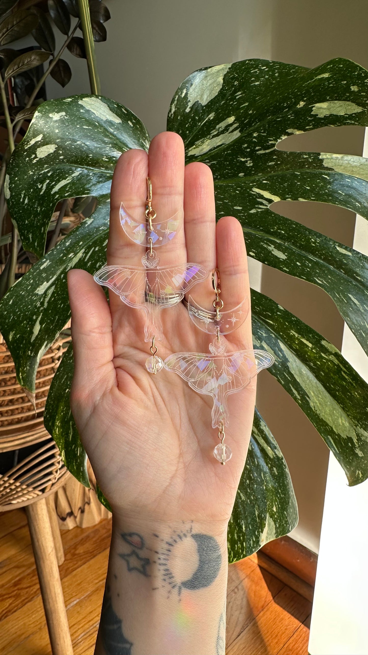 Luna moth rainbow acrylic crystal earrings