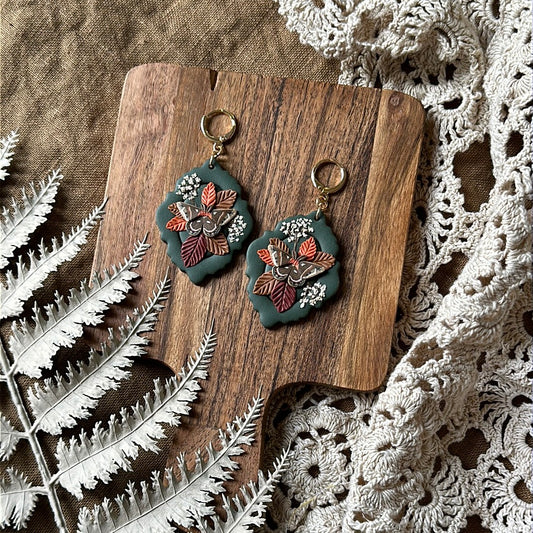 Floral cecropia moth framed earrings