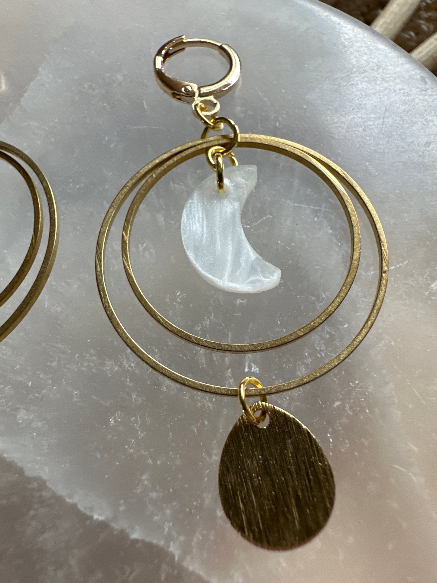 Moon and brass lever back dangles