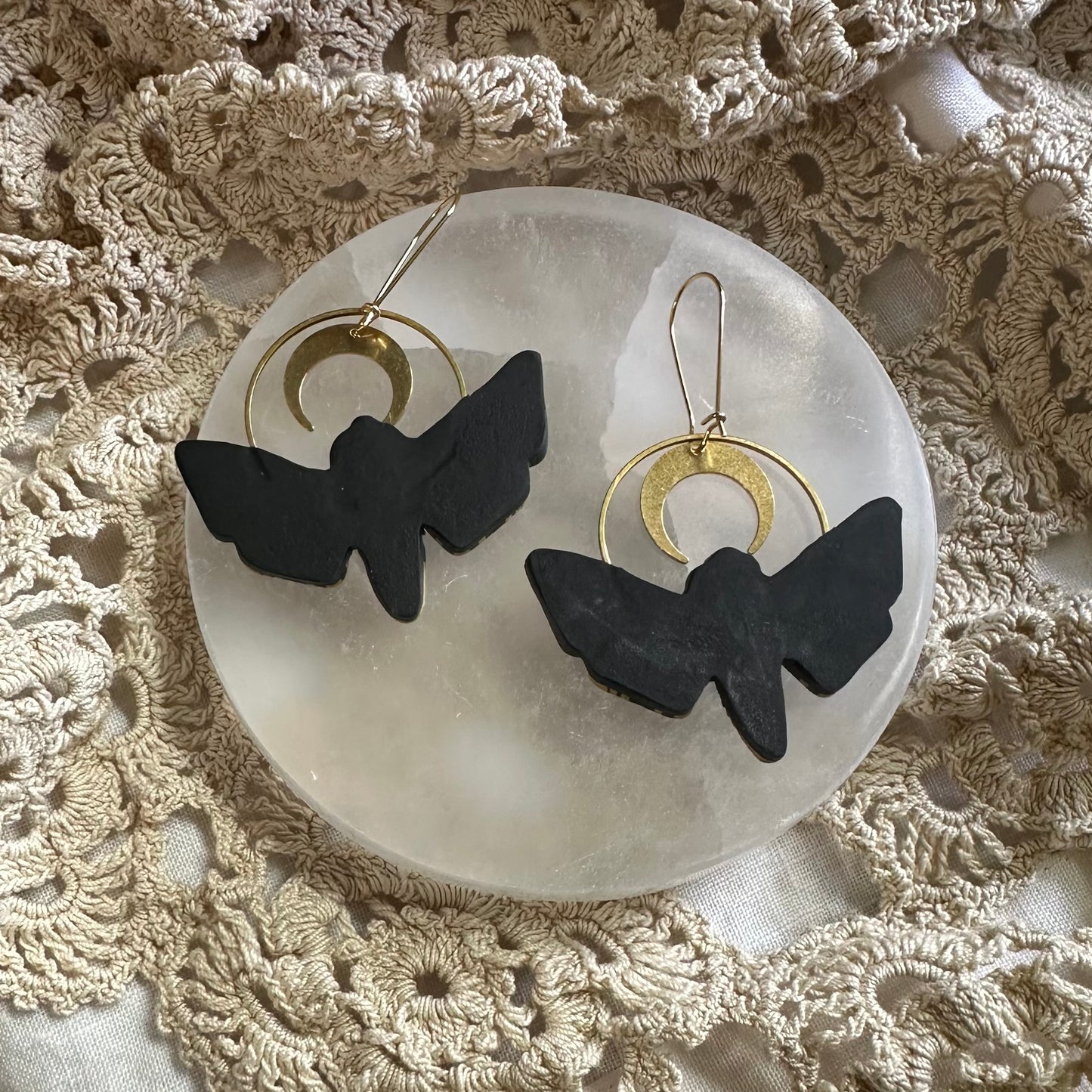 Small Deaths head hawk Moth crescent moon hoop earrings