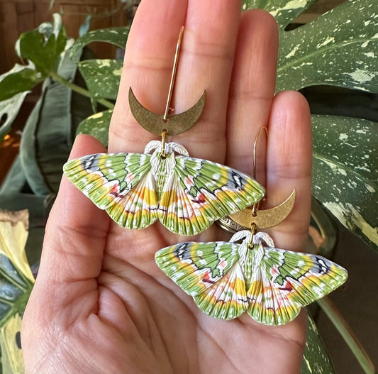 Oriental orange-banded green geometer moth and moon dangles