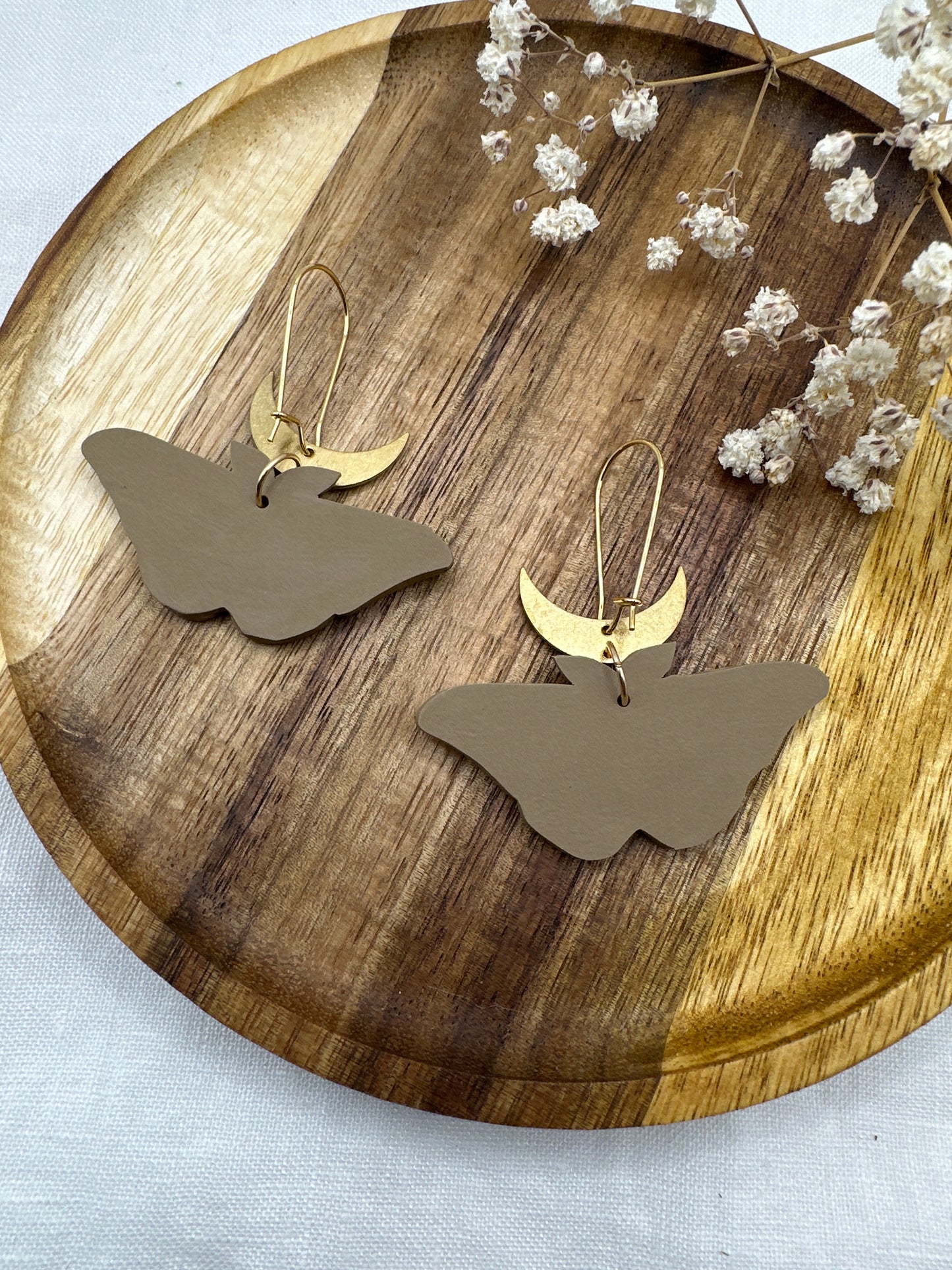 Small Polyphemus Moth crescent moon earrings