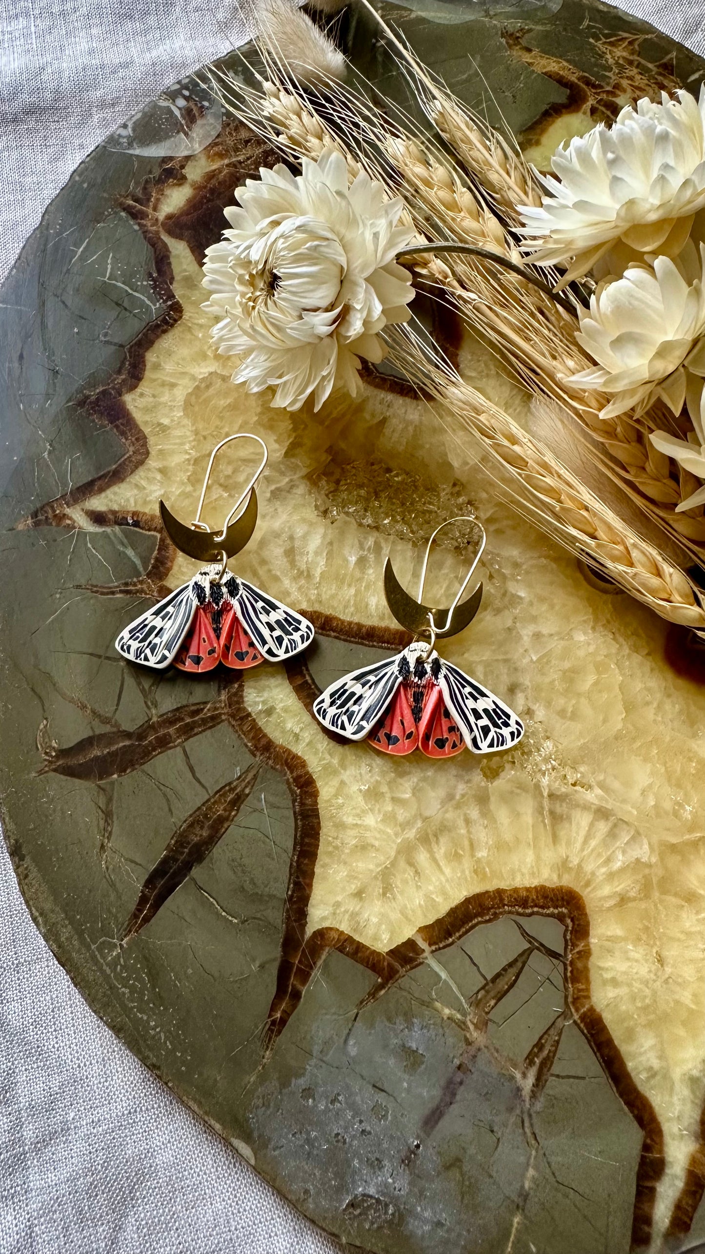 Small Ornate Tiger Moth crescent moon earrings
